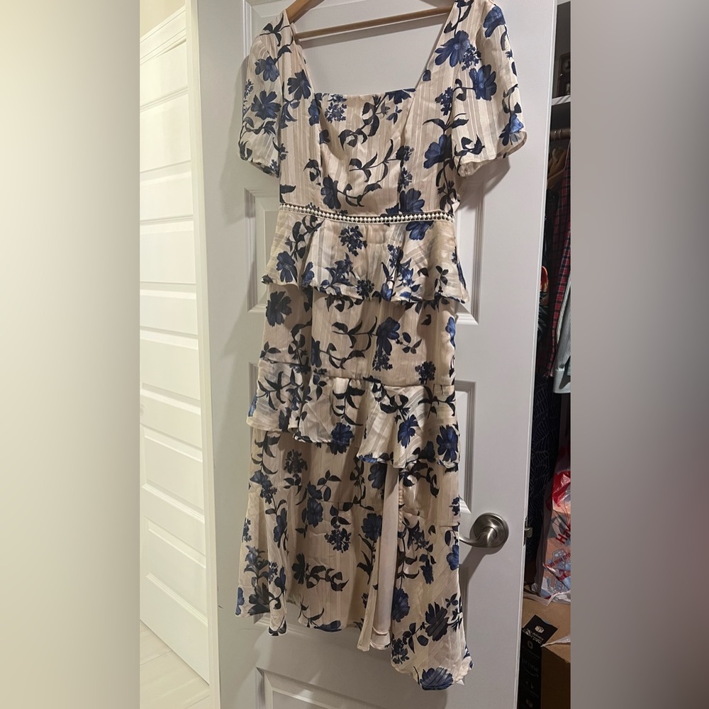 NWOT Dee Elly Tiered Flounce Cream/Blush with Blue Floral pattern
